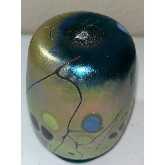 Rick Hunter ? Studio Art Glass 6 Inch Vase Abstract Design Iridescent Dated 2012 - Picture 16 of 16